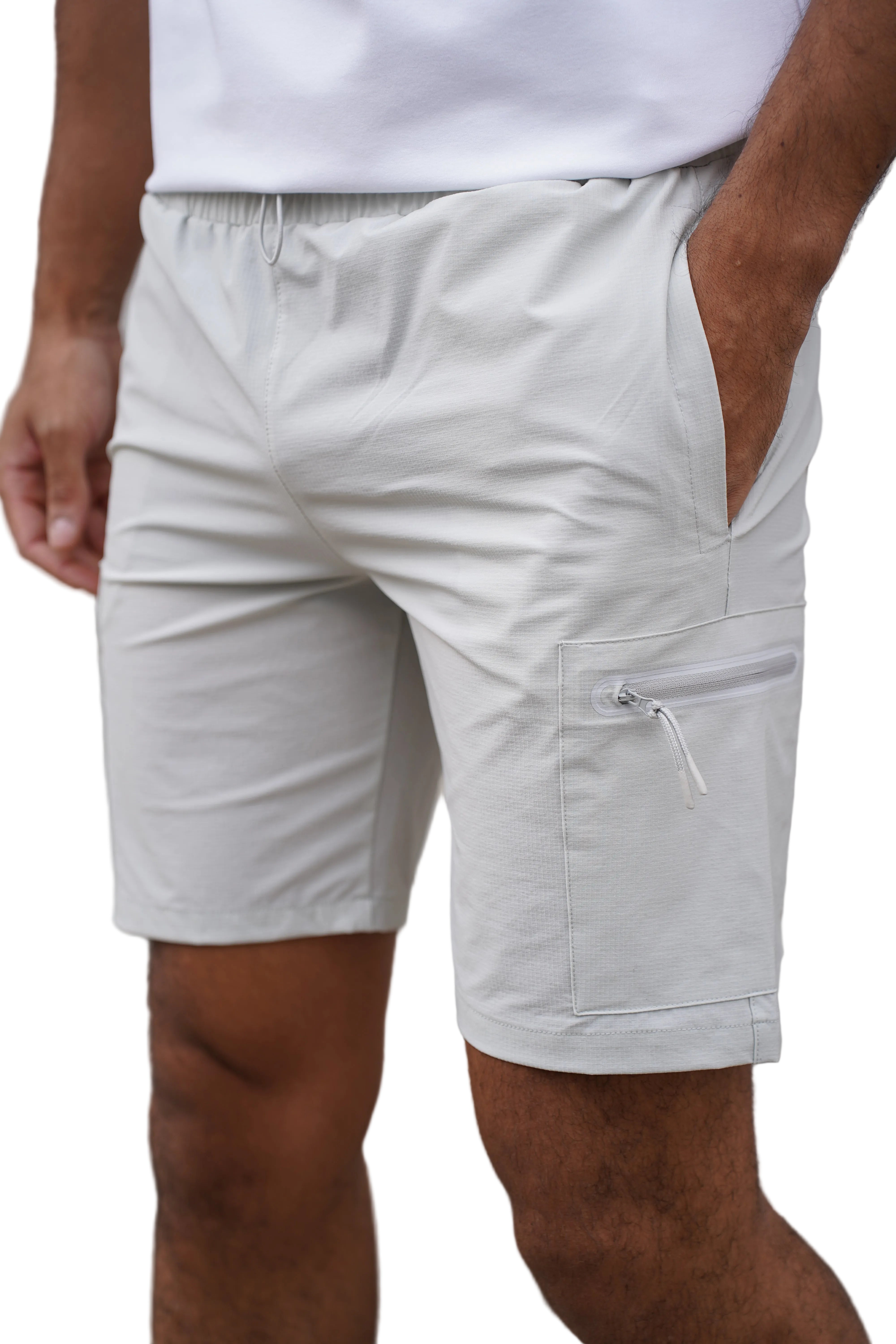 front view of CAPO Utility Tech Cargo Light Grey Shorts